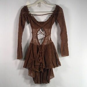 New Pink Long Sleeve Sheer Mesh Mini Dress, Women's Size L - Brown